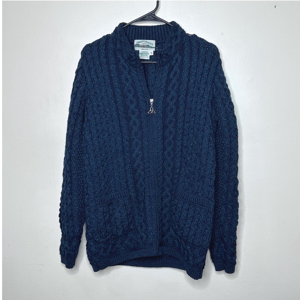 Aran Crafts 100%‎ Wool Blue Cable Knit Full Zip Sweater Men's size Small